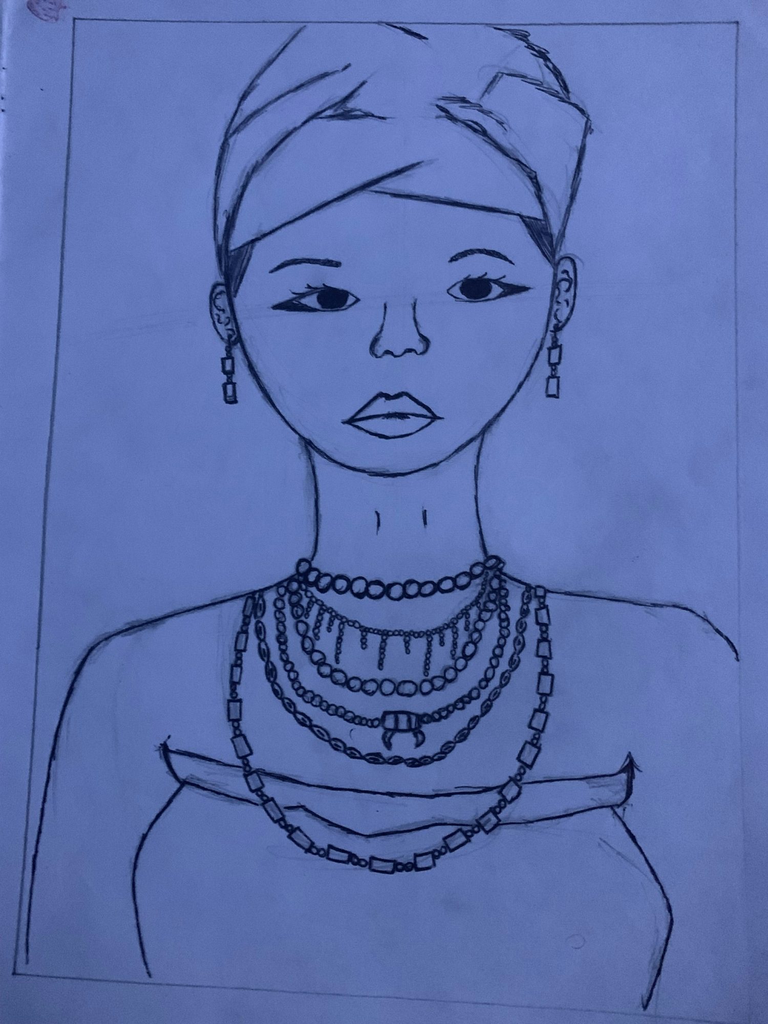 Femme au turban, trait sur bleu — Digital