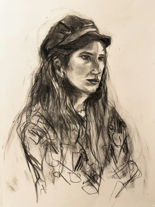 Femme à la casquette — Fusain